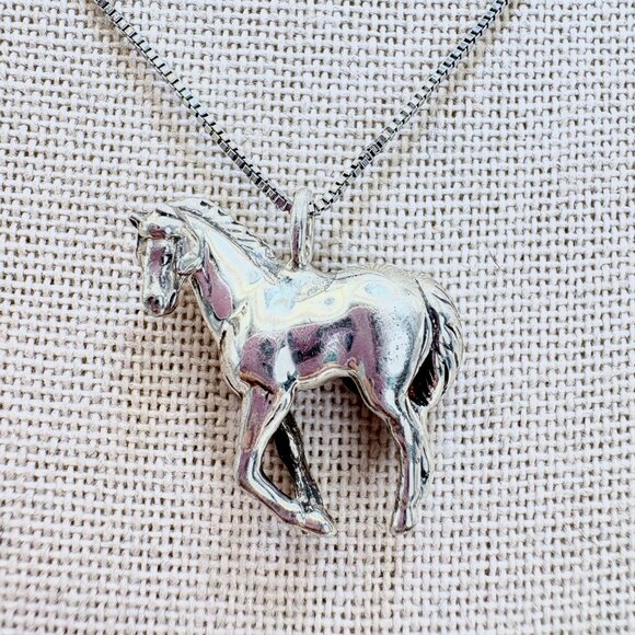 VTG Sterling Silver 925 Horse Pendant Box Link Chain Necklace Size 18" Length - Picture 2 of 14